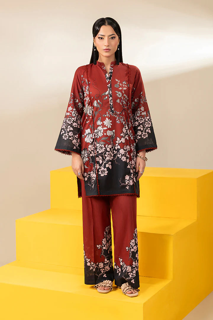 Premium Deep Red & Black Lawn Suit