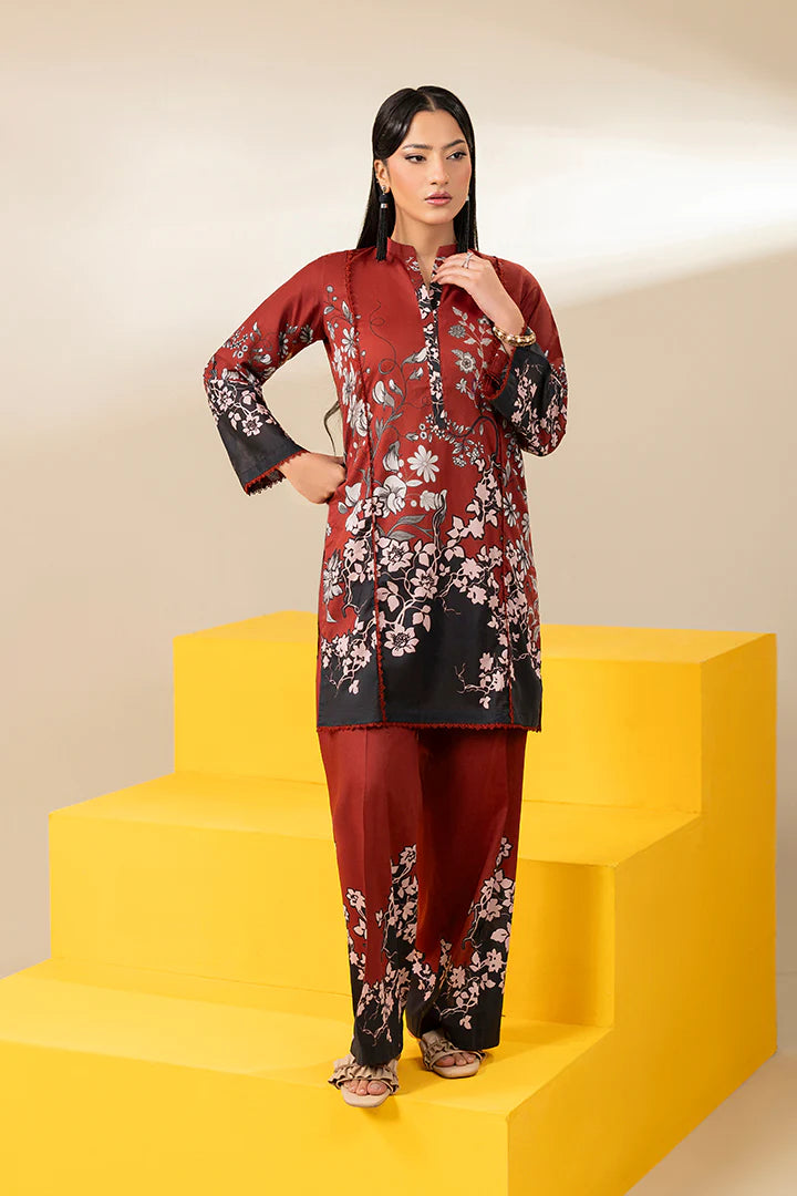 Premium Deep Red & Black Lawn Suit
