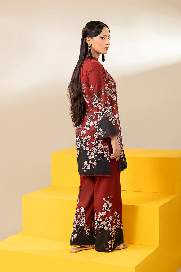 Premium Deep Red & Black Lawn Suit