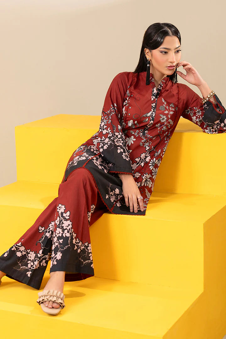 Premium Deep Red & Black Lawn Suit