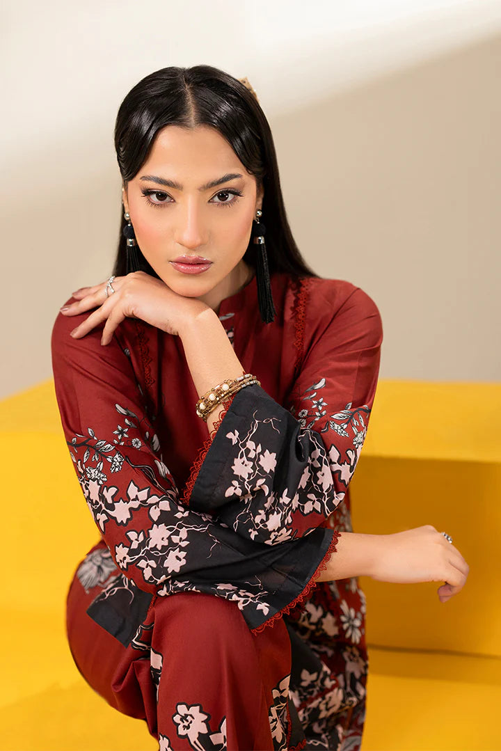 Premium Deep Red & Black Lawn Suit
