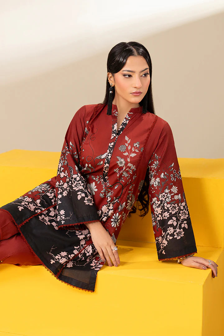 Premium Deep Red & Black Lawn Suit