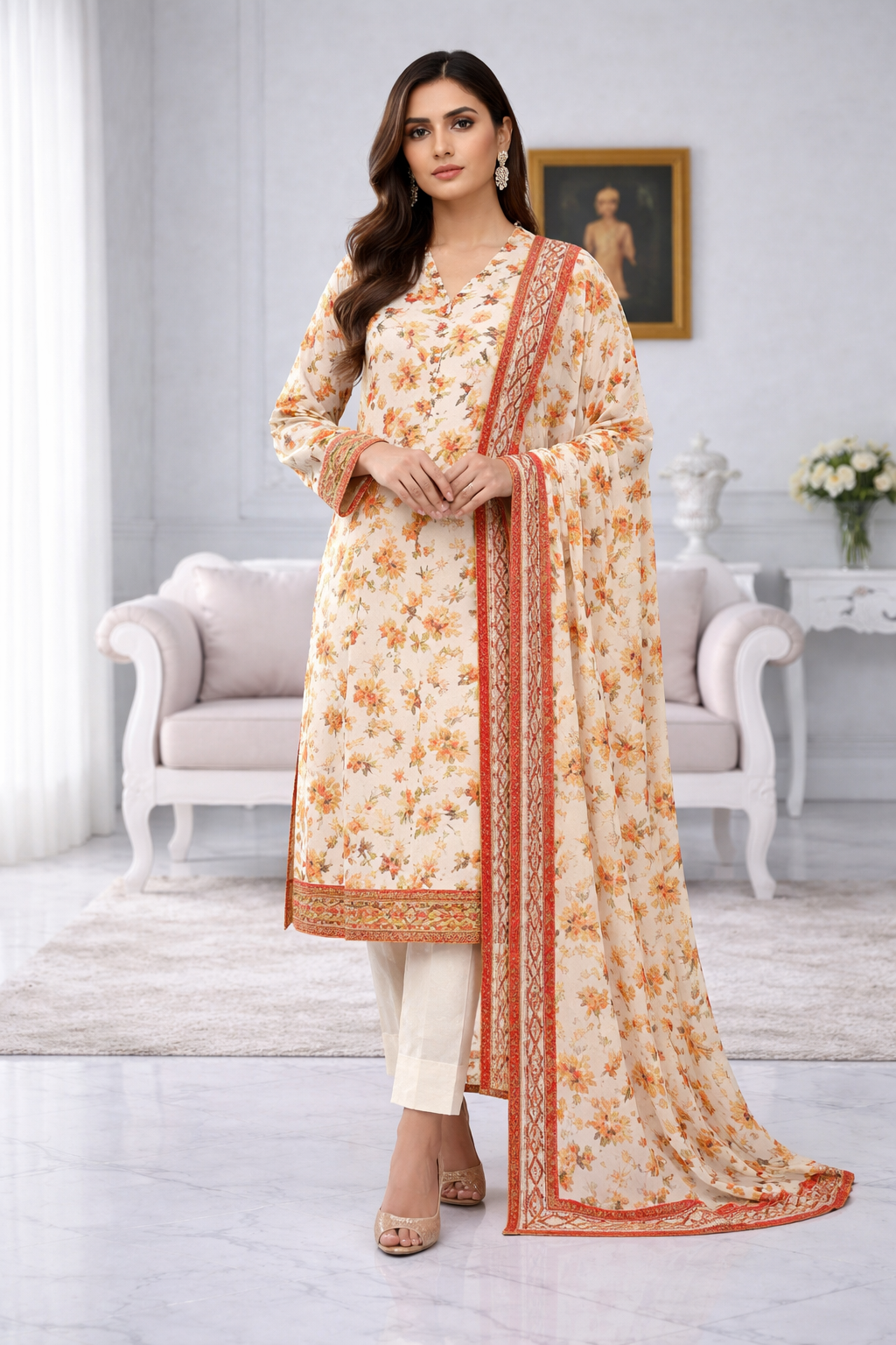 Cream Floral Lawn 3PC Suit