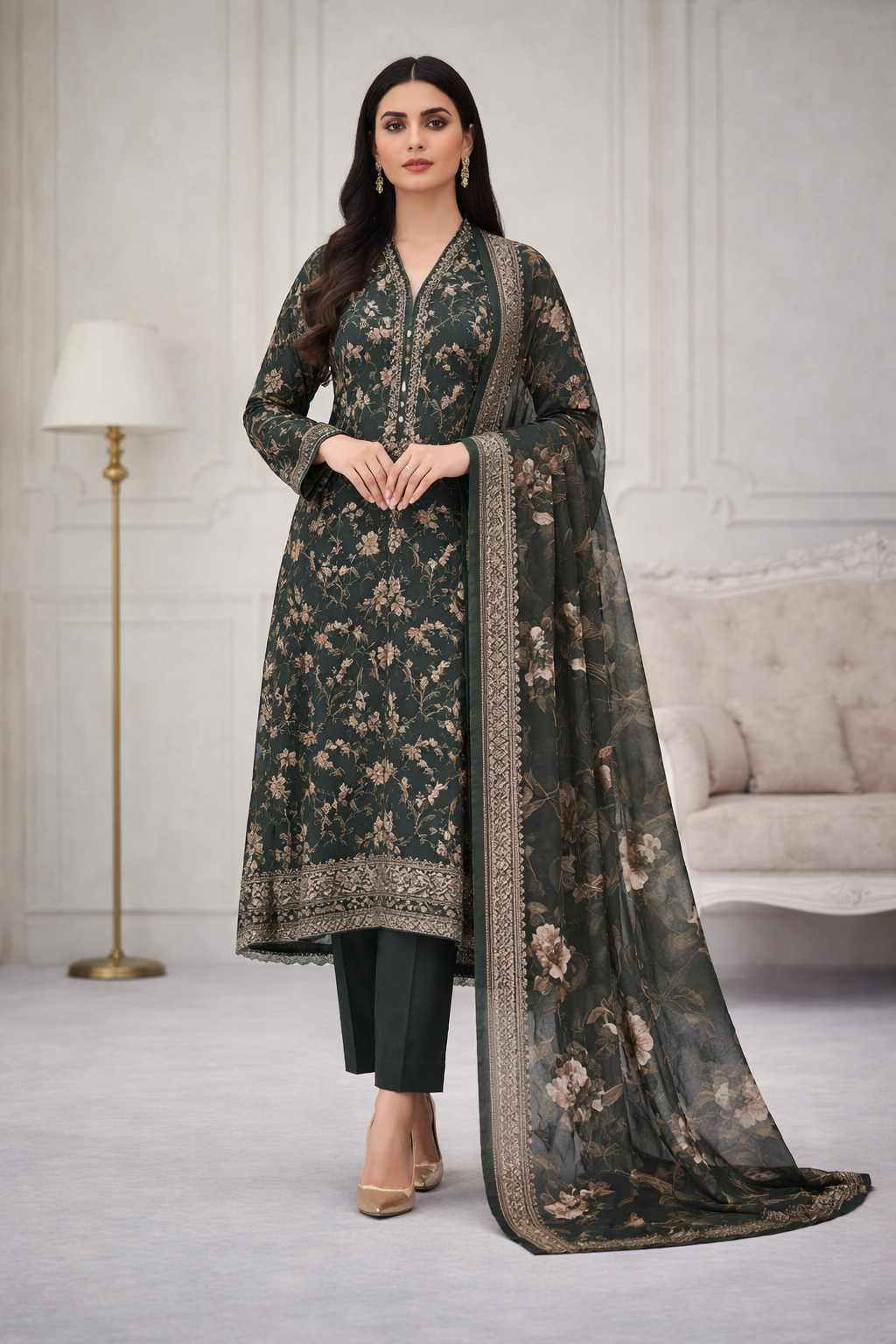 Dark Green Floral Lawn 3 Piece Suit