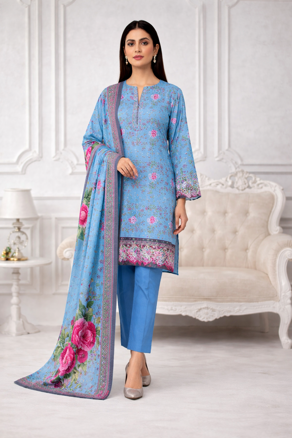 Sky Blue Floral Lawn 3 Piece Suit