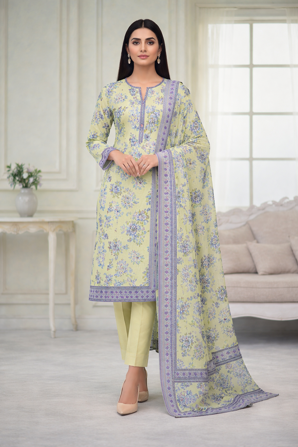 Lime Floral Lawn 3 Piece Suit