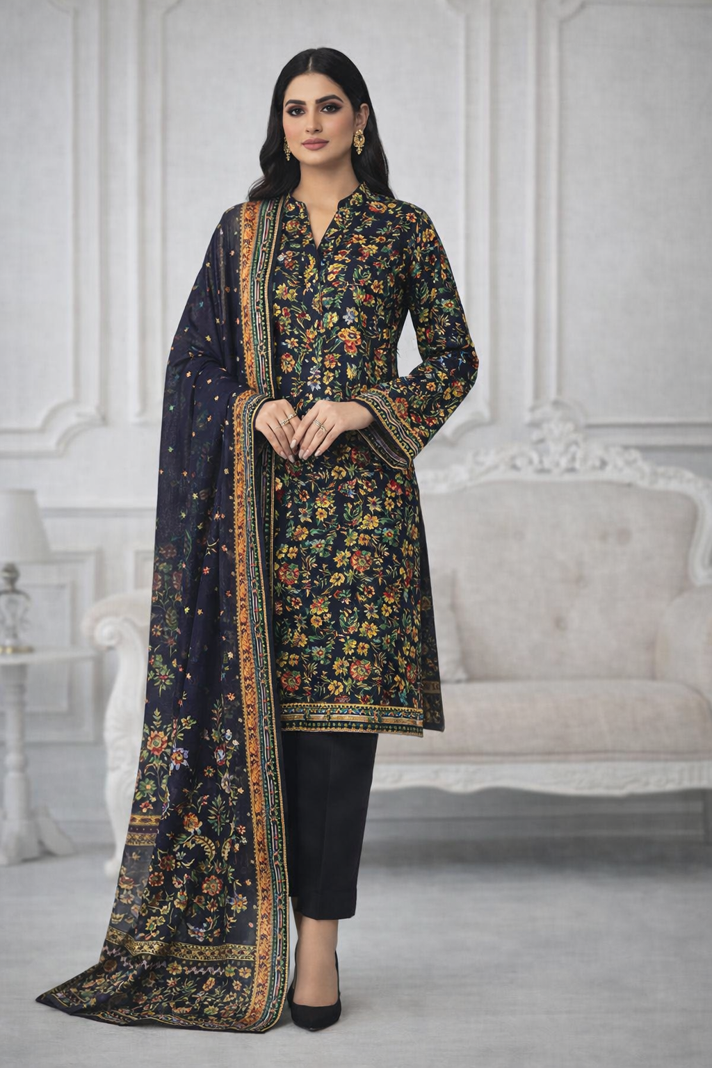Black Floral Printed Lawn 3 Piece Suit