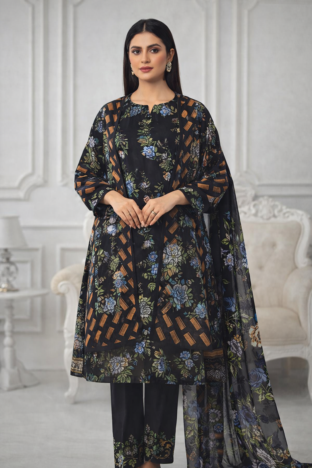 Black Floral Lawn 3 Piece Suit