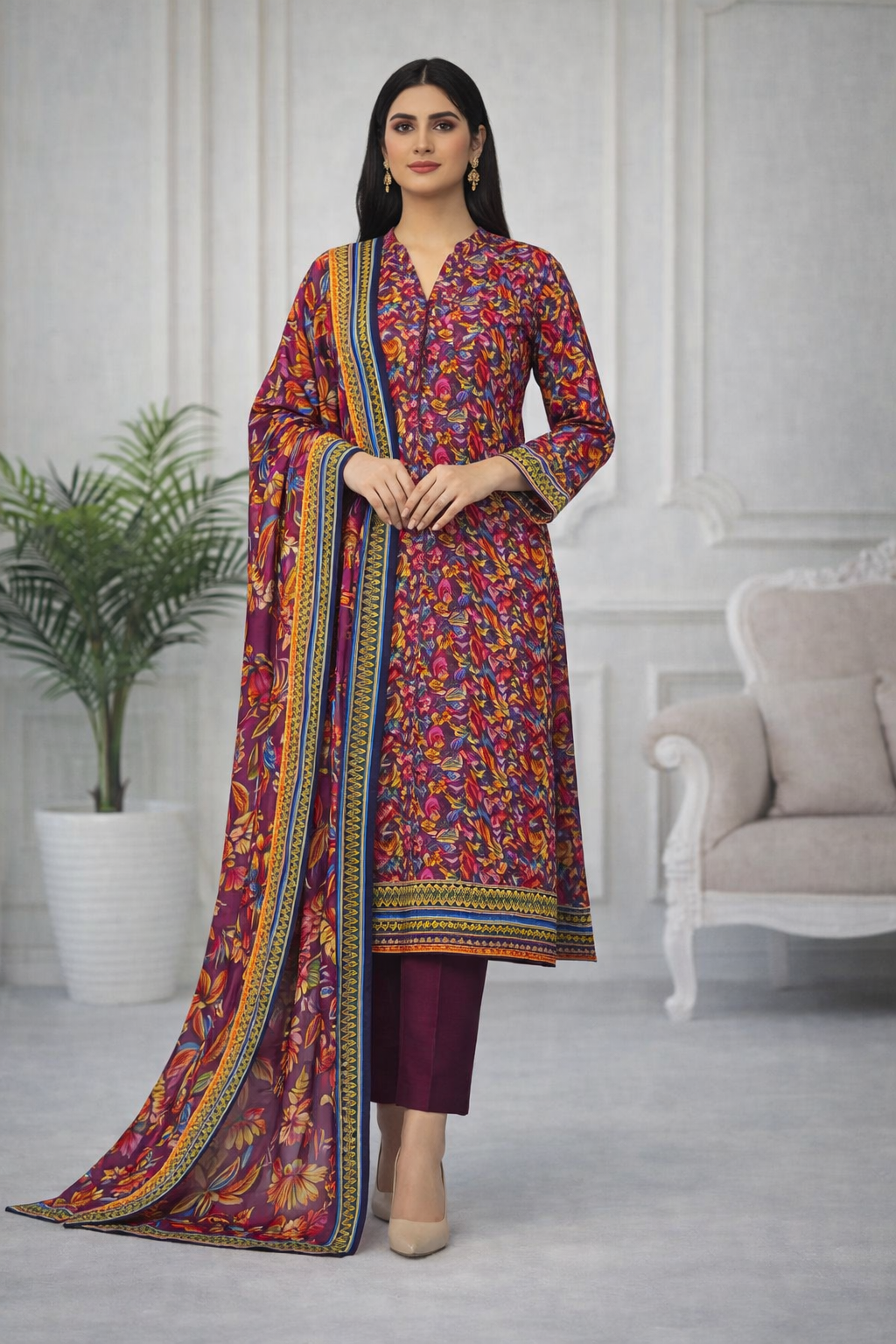 Maroon Floral Lawn 3 Piece Suit